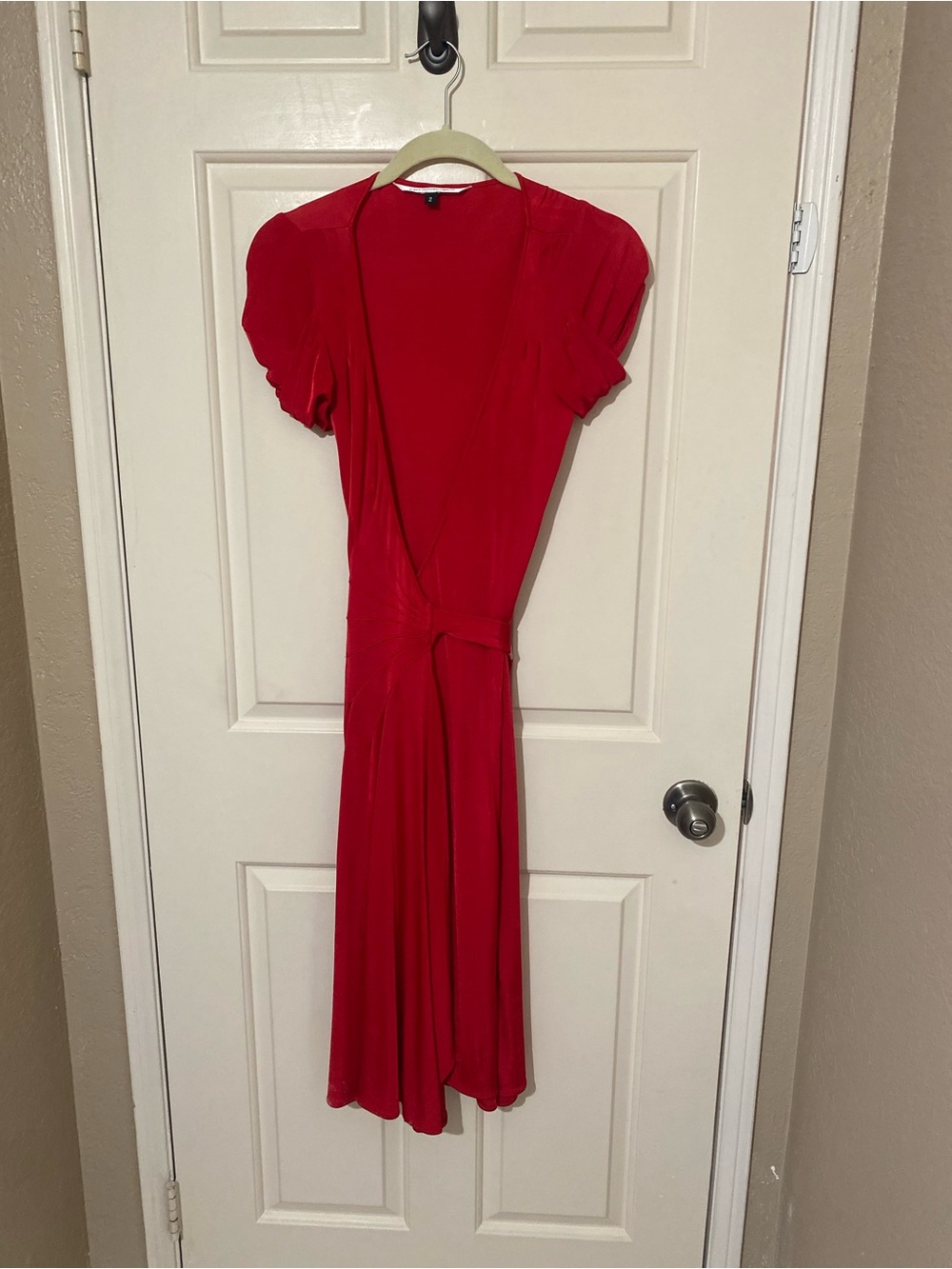 Diane Von Furstenberg Vibrant Red Midi Wrap Dress with Puff Sleeves